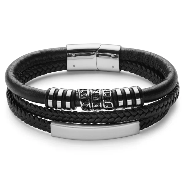 Silver-tone stainless steel & faux leather runes id bracelet