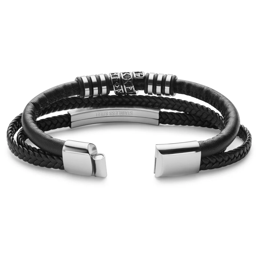 Silver-tone stainless steel & faux leather runes id bracelet - Imagen 2